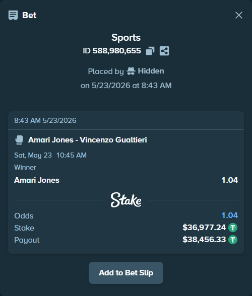 Bet slip: Amari Jones - Vincenzo Gualtieri, $37,014.22 stake at 1.04 odds, placed by Hidden