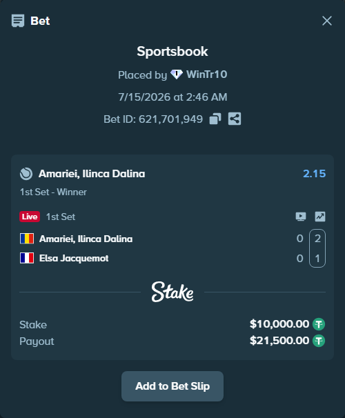 Bet slip: Amariei, Ilinca Dalina - Elsa Jacquemot, $10,000.00 stake at 2.15 odds, placed by WinTr10