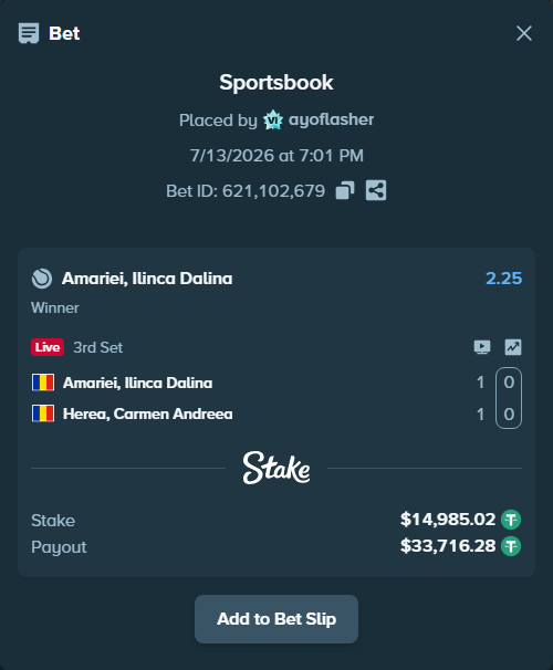Bet slip: Amariei, Ilinca Dalina - Herea, Carmen Andreea, $15,000.00 stake at 2.25 odds, placed by ayoflasher