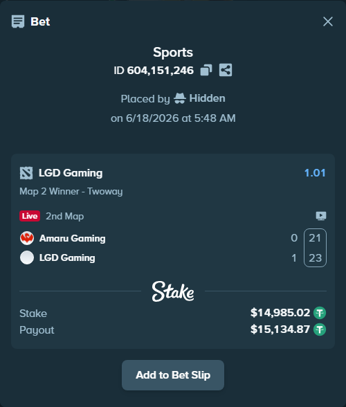 Bet slip: Amaru Gaming - LGD Gaming, $15,000.00 stake at 1.01 odds, placed by Hidden