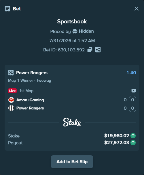 Bet slip: Amaru Gaming - Power Rangers, $20,000.00 stake at 1.40 odds, placed by Hidden