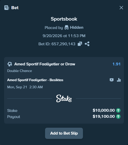 Bet slip: Amed Sportif Faaliyetler - Besiktas, $10,000.00 stake at 1.91 odds, placed by Hidden