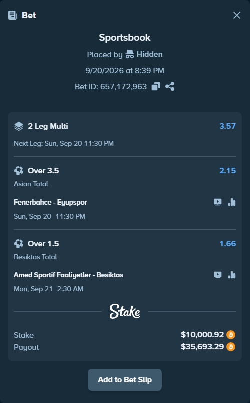 Bet slip: Amed Sportif Faaliyetler - Besiktas, $10,710.60 stake at 1.66 odds, placed by Hidden