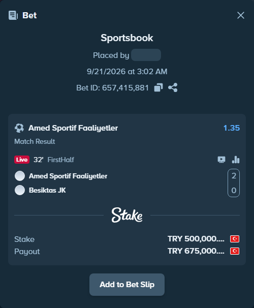 Bet slip: Amed Sportif Faaliyetler - Besiktas, $15,000.00 stake at 1.35 odds, placed by Resat124