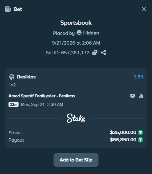 Bet slip: Amed Sportif Faaliyetler - Besiktas, $35,000.00 stake at 1.91 odds, placed by Hidden
