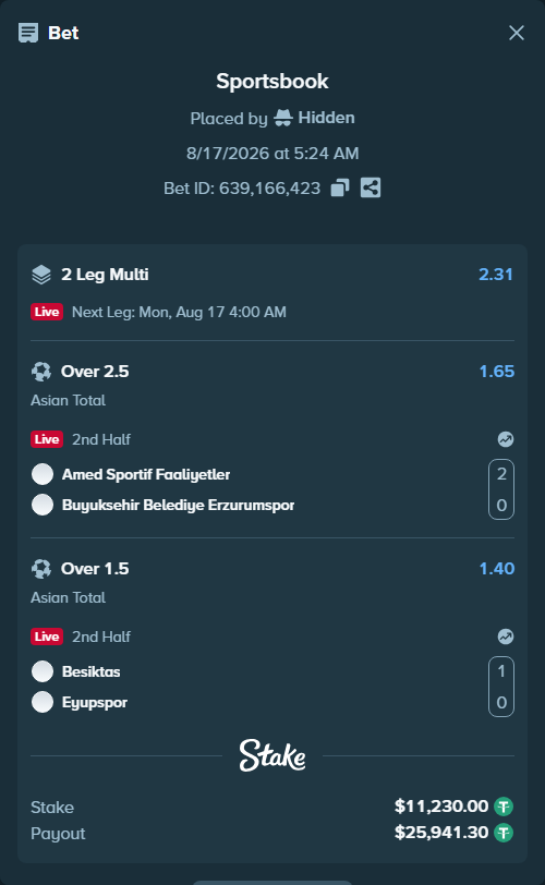 Bet slip: Amed Sportif Faaliyetler - Erzurumspor FK, $11,241.23 stake at 1.65 odds, placed by Hidden