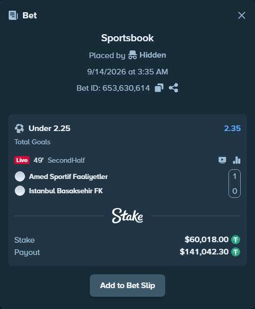 Bet slip: Amed Sportif Faaliyetler - Istanbul Basaksehir, $60,000.00 stake at 2.35 odds, placed by Hidden