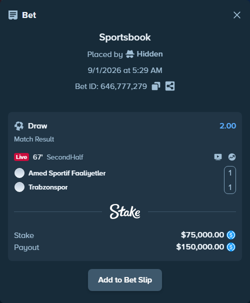 Bet slip: Amed Sportif Faaliyetler - Trabzonspor, $75,000.00 stake at 2.00 odds, placed by Hidden