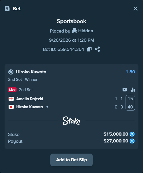 Bet slip: Amelia Rajecki - Hiroko Kuwata, $15,000.00 stake at 1.80 odds, placed by Hidden