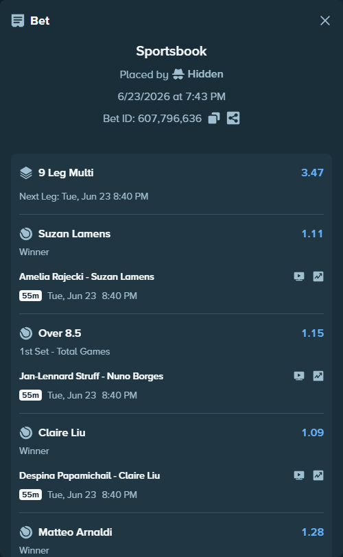 Bet slip: Amelia Rajecki - Suzan Lamens, $100,100.00 stake at 1.11 odds, placed by Hidden