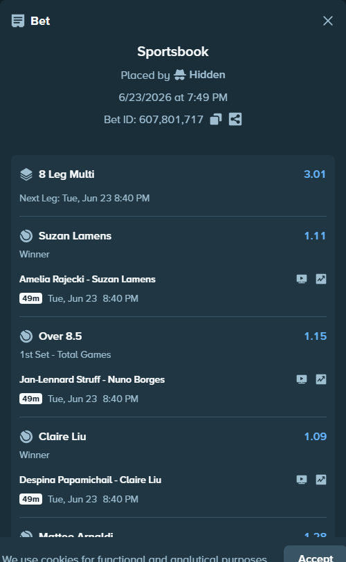 Bet slip: Amelia Rajecki - Suzan Lamens, $100,100.00 stake at 1.11 odds, placed by Hidden