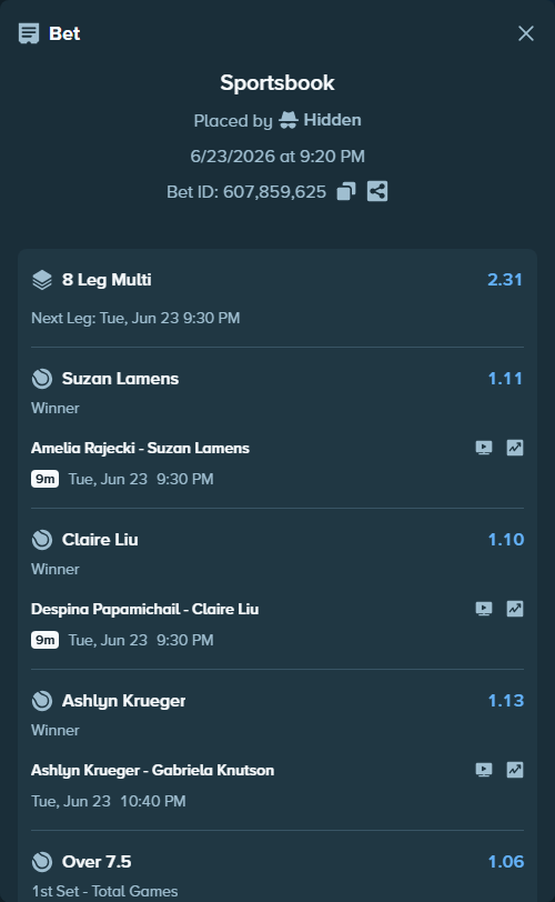 Bet slip: Amelia Rajecki - Suzan Lamens, $36,760.17 stake at 1.11 odds, placed by Hidden