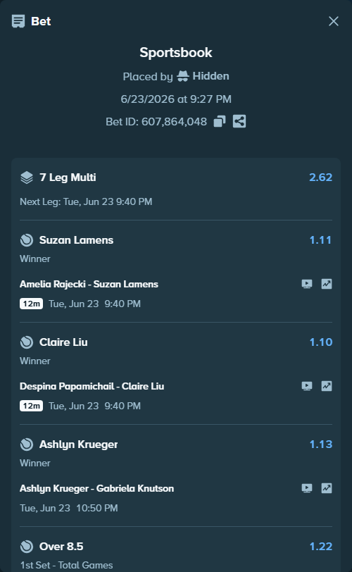 Bet slip: Amelia Rajecki - Suzan Lamens, $49,917.95 stake at 1.11 odds, placed by Hidden