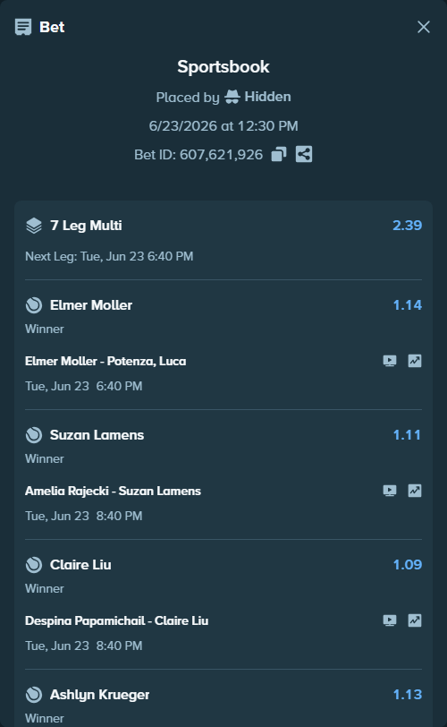 Bet slip: Amelia Rajecki - Suzan Lamens, $75,075.00 stake at 1.11 odds, placed by Hidden