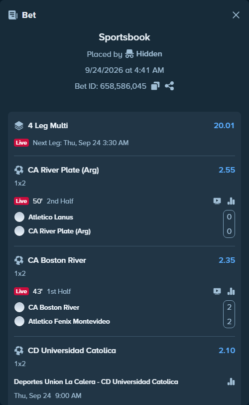 Bet slip: America de Cali - Aguilas Doradas Rionegro, $10,000.00 stake at 1.59 odds, placed by Hidden