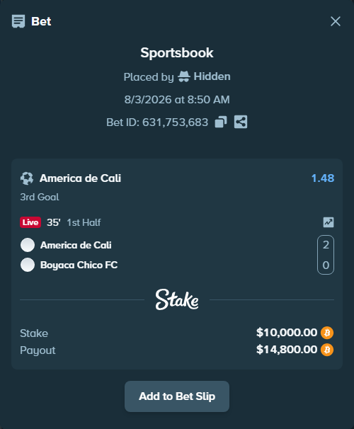 Bet slip: America de Cali - Boyaca Chico FC, $10,163.19 stake at 1.48 odds, placed by Hidden