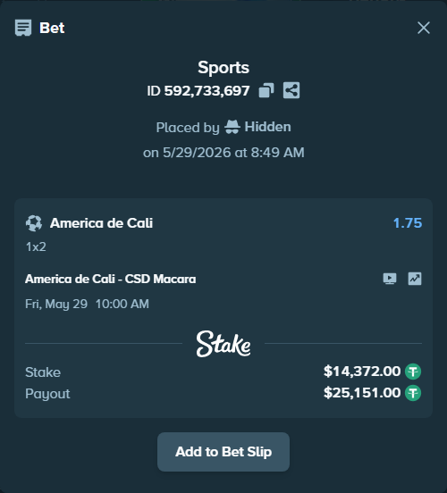 Bet slip: America de Cali - CSD Macara, $14,386.37 stake at 1.75 odds, placed by Hidden