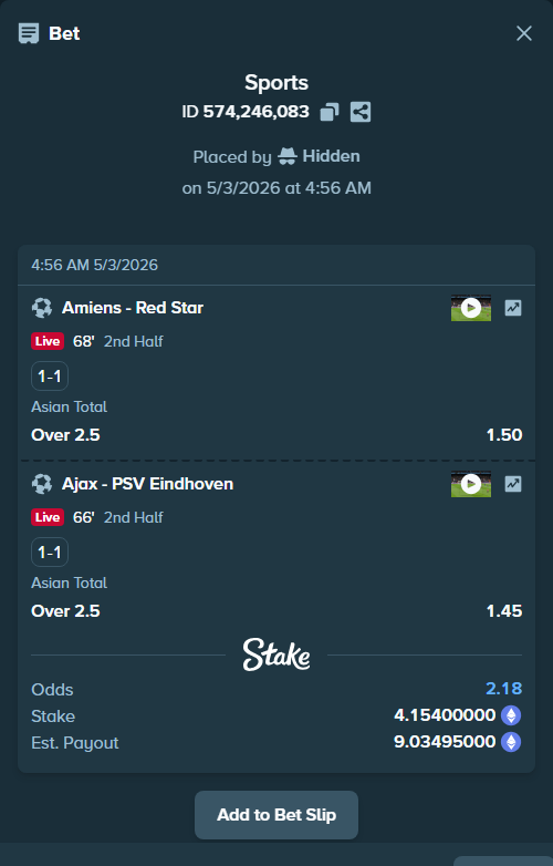 Bet slip: Amiens - Red Star, $7,211.51 stake at 1.50 odds, placed by Hidden