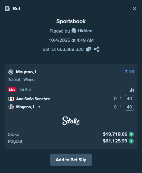 Bet slip: Ana Sofia Sanchez - Moyano, L, $19,718.06 stake at 3.10 odds, placed by Hidden