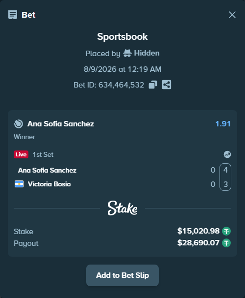 Bet slip: Ana Sofia Sanchez - Victoria Bosio, $15,036.00 stake at 1.91 odds, placed by Hidden