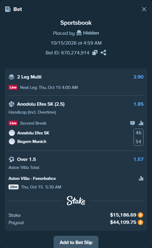 Bet slip: Anadolu Efes SK - Bayern Munich, $15,211.74 stake at 1.85 odds, placed by Hidden