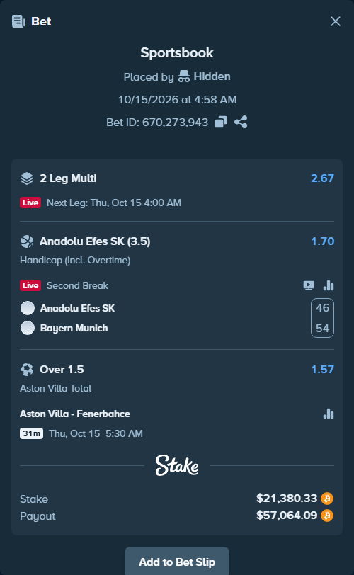 Bet slip: Anadolu Efes SK - Bayern Munich, $21,415.59 stake at 1.70 odds, placed by Hidden
