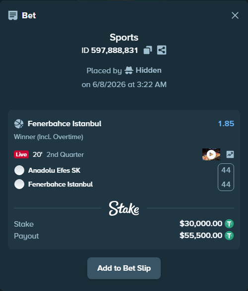 Bet slip: Anadolu Efes SK - Fenerbahce Istanbul, $30,000.00 stake at 1.85 odds, placed by Hidden