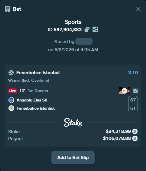 Bet slip: Anadolu Efes SK - Fenerbahce Istanbul, $38,433.85 stake at 3.10 odds, placed by Prettylfacko98