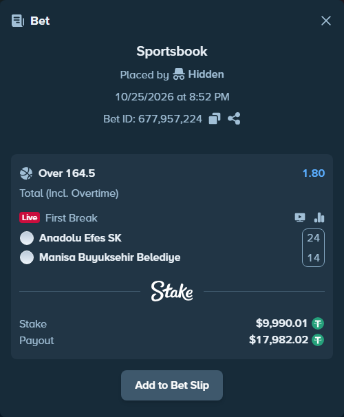 Bet slip: Anadolu Efes SK - Korfez Basket, $10,000.00 stake at 1.80 odds, placed by Theketkitkitty
