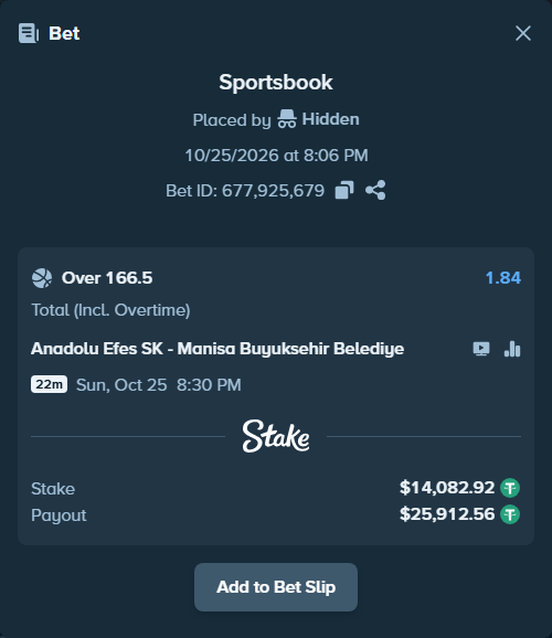 Bet slip: Anadolu Efes SK - Korfez Basket, $14,097.00 stake at 1.84 odds, placed by Theketkitkitty