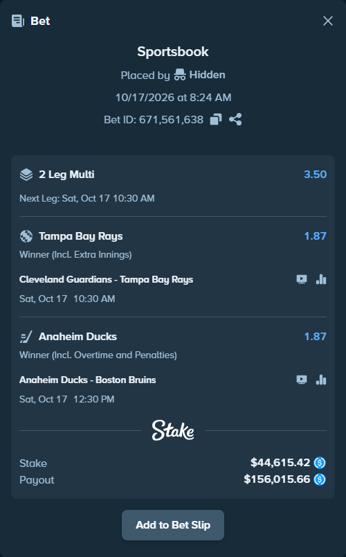 Bet slip: Anaheim Ducks - Boston Bruins, $44,615.42 stake at 1.87 odds, placed by Hidden