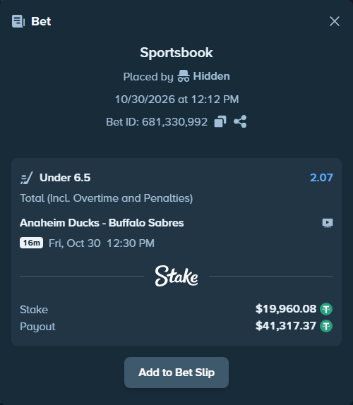 Bet slip: Anaheim Ducks - Buffalo Sabres, $20,000.00 stake at 2.07 odds, placed by Hidden