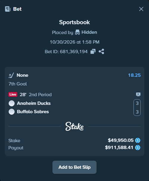 Bet slip: Anaheim Ducks - Buffalo Sabres, $50,000.00 stake at 18.25 odds, placed by Hidden