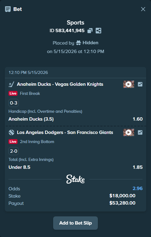 Bet slip: Anaheim Ducks - Vegas Golden Knights, $18,000.00 stake at 1.60 odds, placed by Hidden