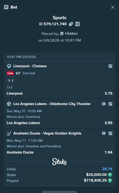 Bet slip: Anaheim Ducks - Vegas Golden Knights, $25,000.00 stake at 1.94 odds, placed by Hidden