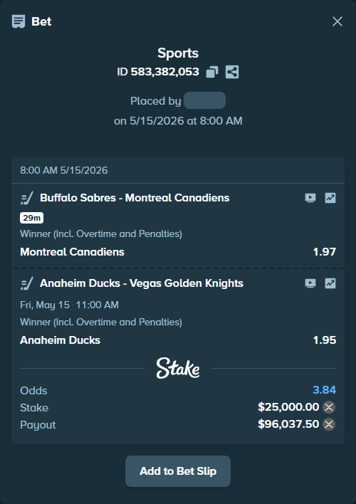 Bet slip: Anaheim Ducks - Vegas Golden Knights, $19,230.87 stake at 1.95 odds, placed by Rosspicks