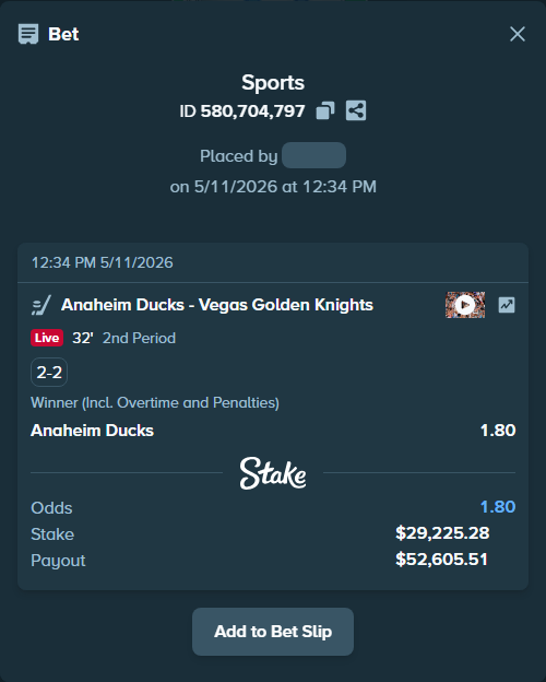 Bet slip: Anaheim Ducks - Vegas Golden Knights, $21,600.46 stake at 1.80 odds, placed by Cabrzy
