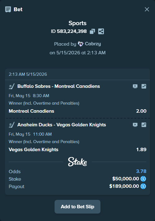 Bet slip: Anaheim Ducks - Vegas Golden Knights, $50,000.00 stake at 1.89 odds, placed by Cabrzy