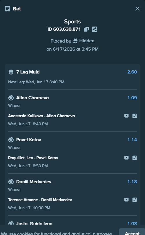 Bet slip: Anastasia Kulikova - Alina Charaeva, $31,883.07 stake at 1.09 odds, placed by Hidden