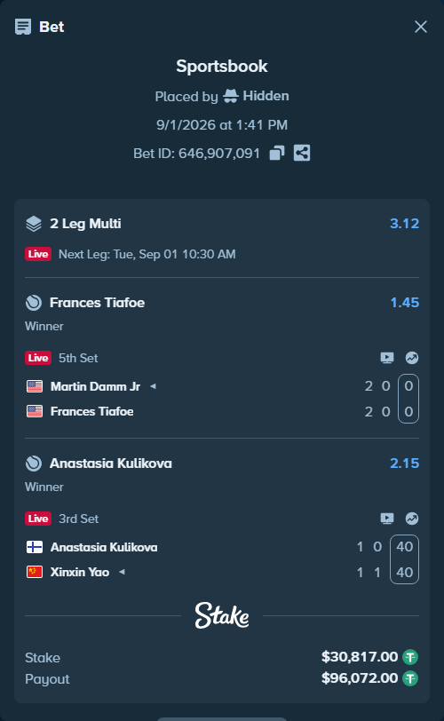 Bet slip: Anastasia Kulikova - Xinxin Yao, $30,817.00 stake at 2.15 odds, placed by Hidden