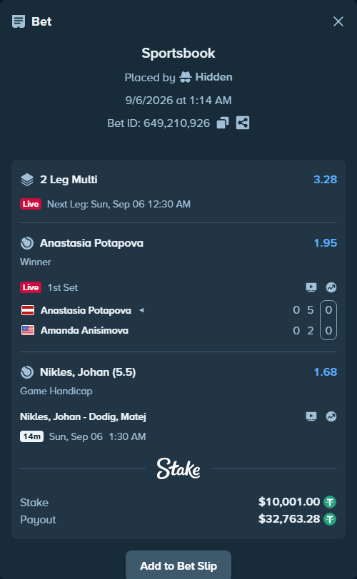 Bet slip: Anastasia Potapova - Amanda Anisimova, $10,000.00 stake at 1.95 odds, placed by Hidden