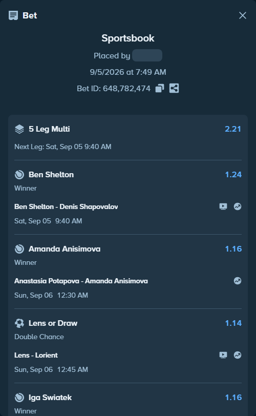 Bet slip: Anastasia Potapova - Amanda Anisimova, $12,510.24 stake at 1.16 odds, placed by Damiencara