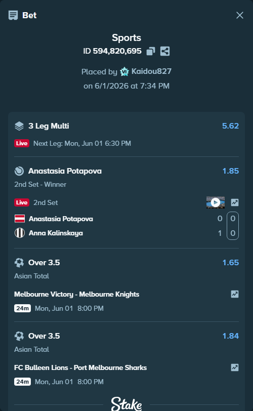 Bet slip: Anastasia Potapova - Anna Kalinskaya, $10,000.00 stake at 1.85 odds, placed by Kaidou827