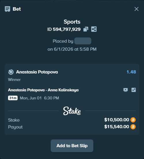 Bet slip: Anastasia Potapova - Anna Kalinskaya, $9,287.64 stake at 1.48 odds, placed by Dzokoichoi
