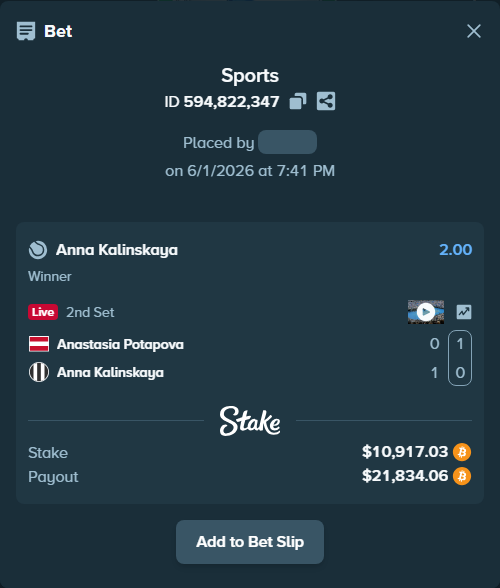 Bet slip: Anastasia Potapova - Anna Kalinskaya, $9,649.50 stake at 2.00 odds, placed by Baddy3130