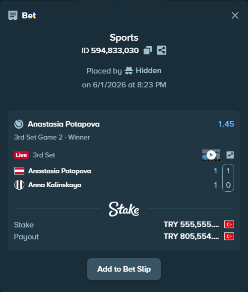Bet slip: Anastasia Potapova - Anna Kalinskaya, $16,666.65 stake at 1.45 odds, placed by Hidden