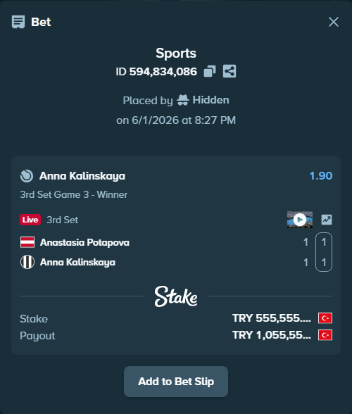 Bet slip: Anastasia Potapova - Anna Kalinskaya, $16,666.65 stake at 1.90 odds, placed by Hidden