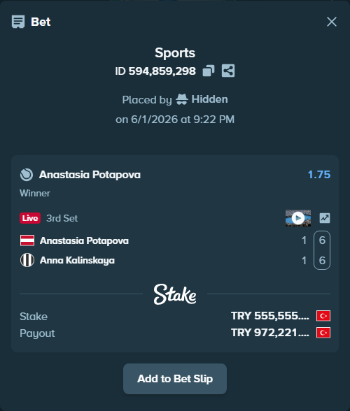 Bet slip: Anastasia Potapova - Anna Kalinskaya, $16,666.65 stake at 1.75 odds, placed by Hidden