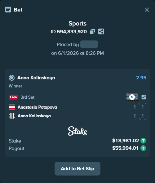 Bet slip: Anastasia Potapova - Anna Kalinskaya, $19,000.00 stake at 2.95 odds, placed by WinTr10