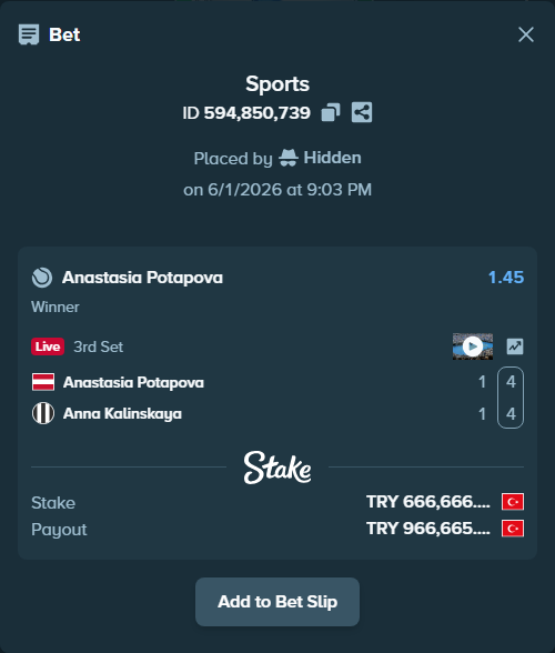 Bet slip: Anastasia Potapova - Anna Kalinskaya, $19,999.98 stake at 1.45 odds, placed by Hidden
